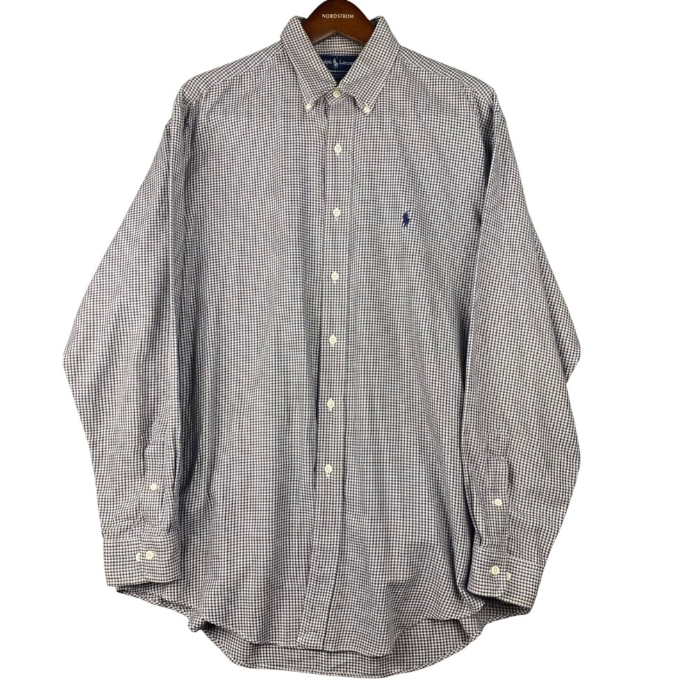 Ralph Lauren Mens Button Down Shirt Yarmouth 16.5 34/35 Navy Blue Gingham Preppy